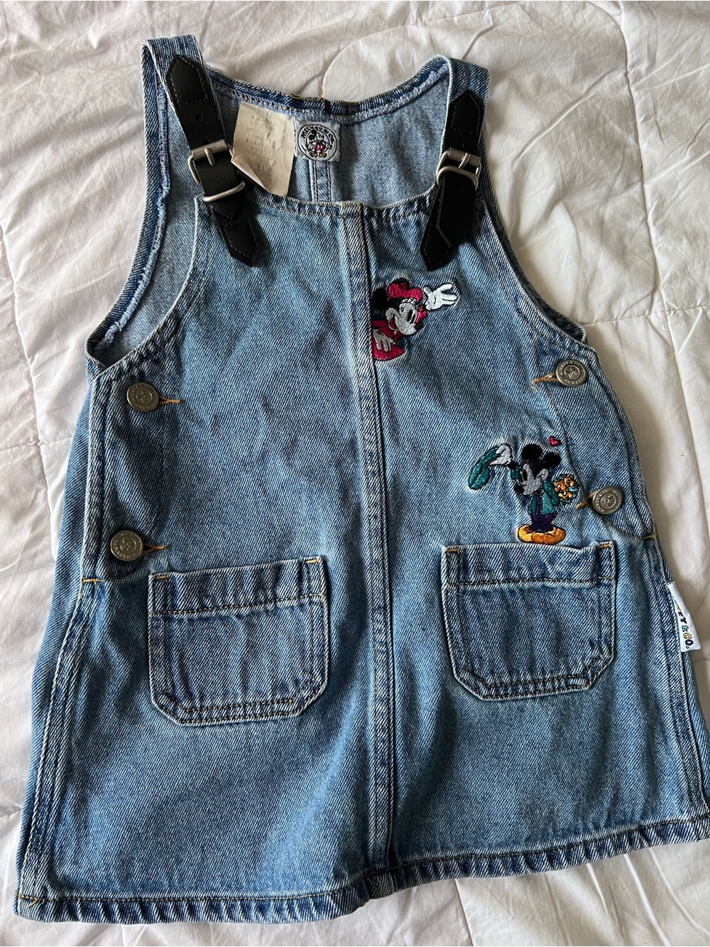 Kids Denim Overall Dress with Disney Character Embroidery - Light Blue